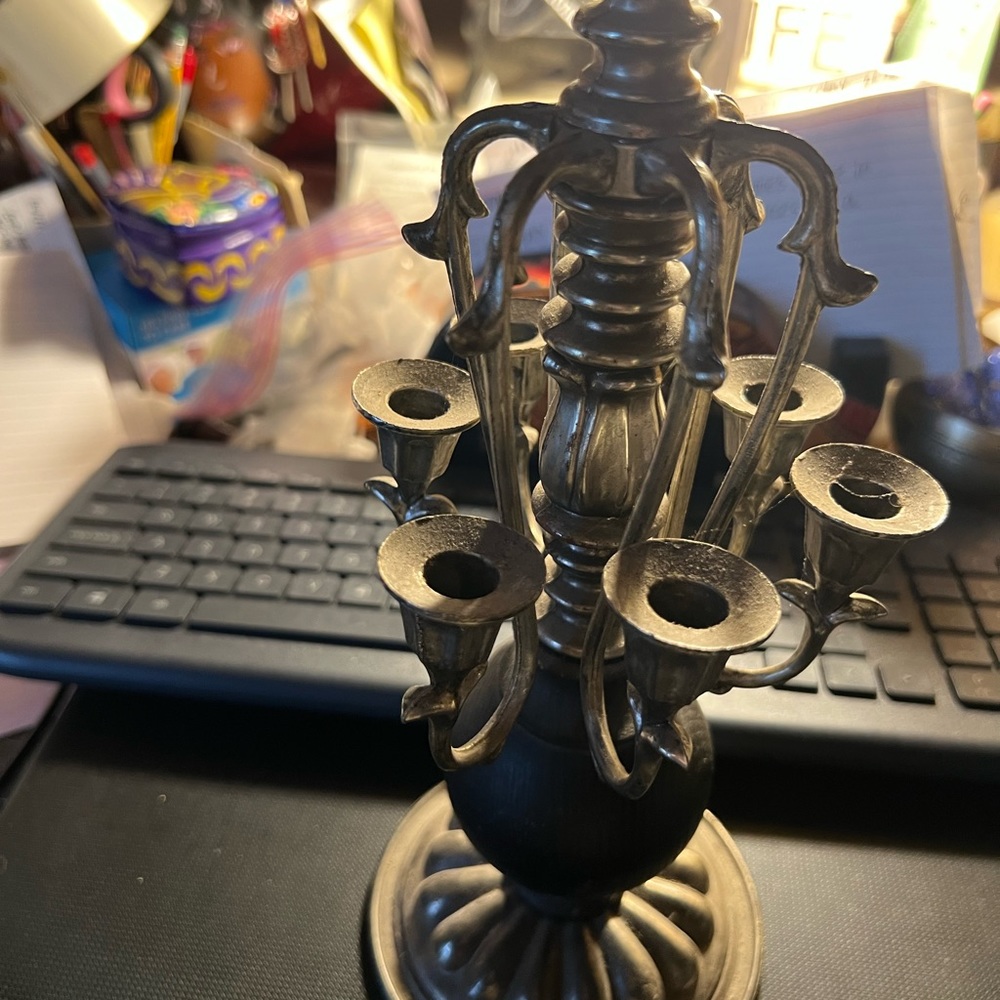 Candle holder black wood base and silver